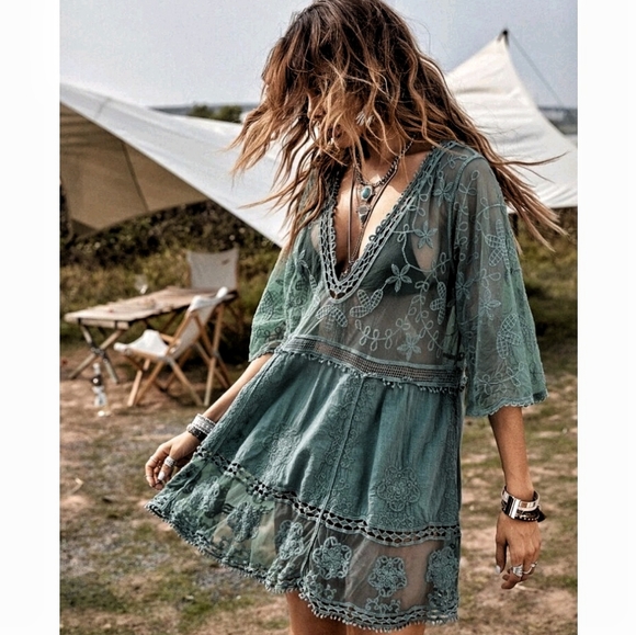 NEW Boho Embroidered Lace Cover Up Tunic Top Dress Sheer Mesh Floral Green - Picture 1 of 6